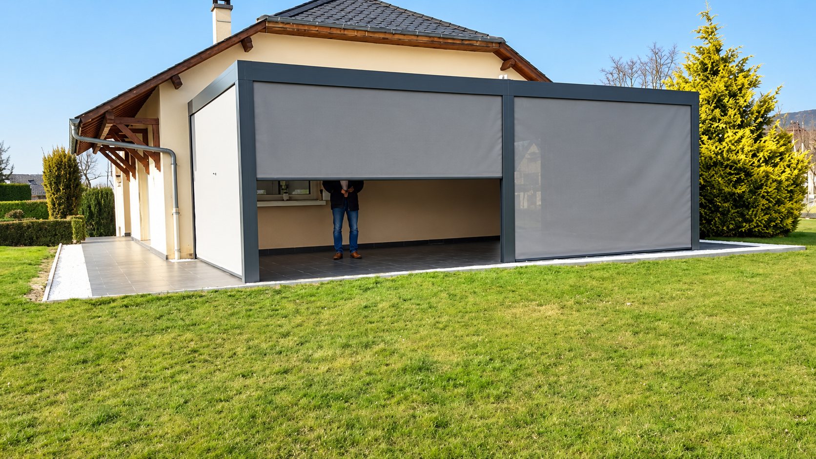 Pergola bioclimatique grise avec stores toile fermés devant une maison pavillonnaire