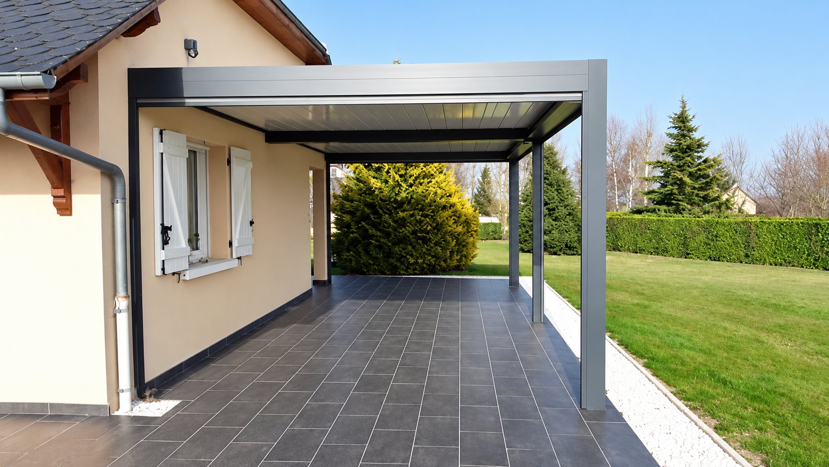 Pergola bioclimatique en aluminium gris sur terrasse carrelée devant une maison