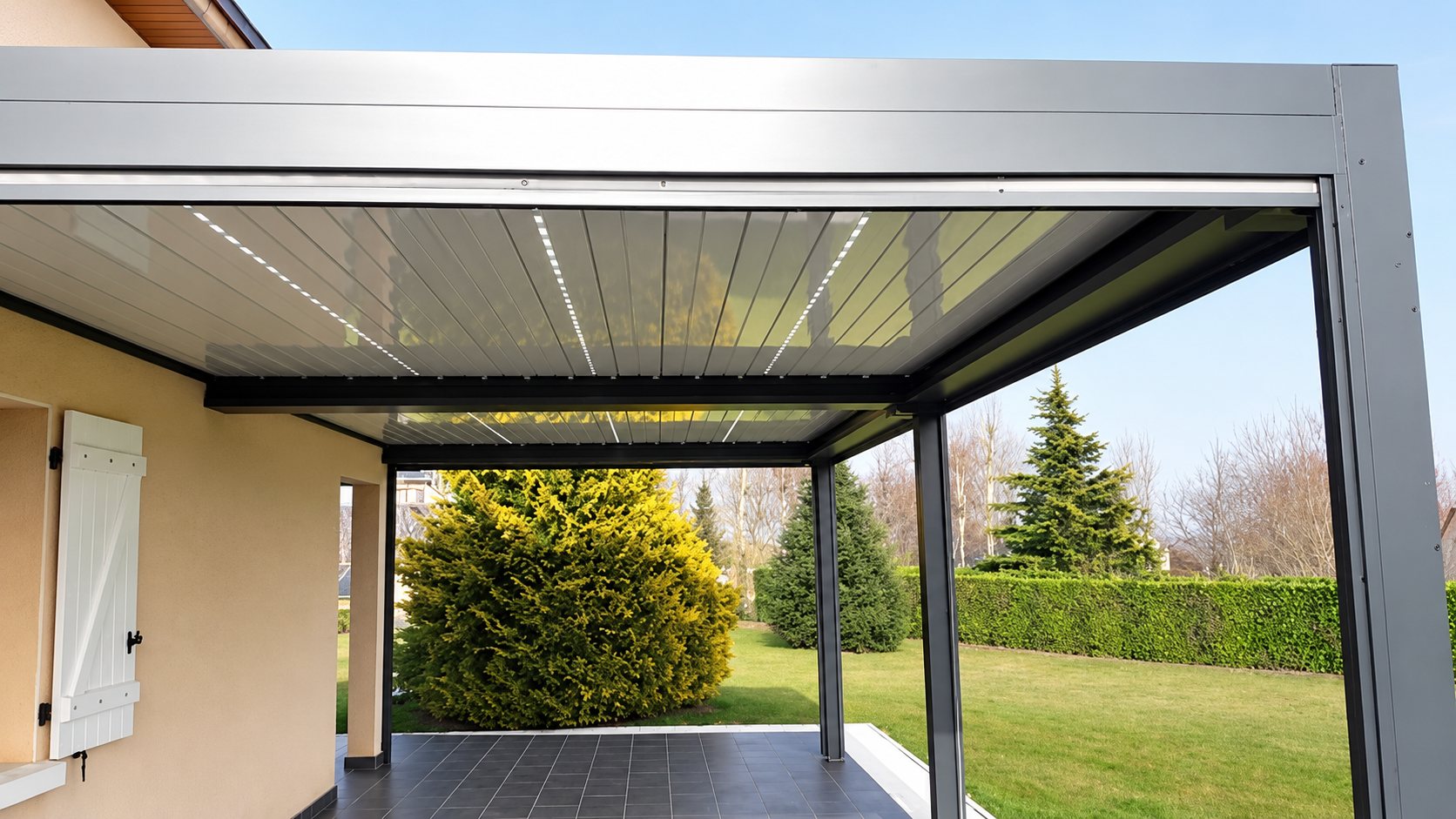 Pergola bioclimatique en aluminium gris installée sur une terrasse avec vue sur jardin