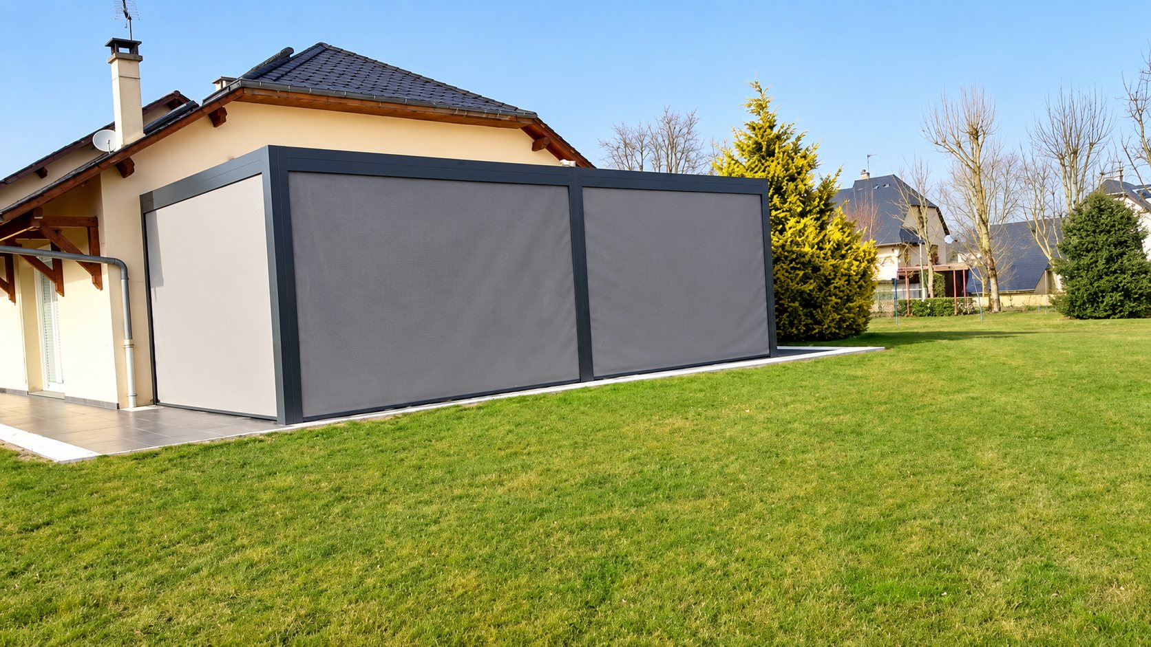 Pergola bioclimatique grise avec stores fermés sur terrasse devant une maison