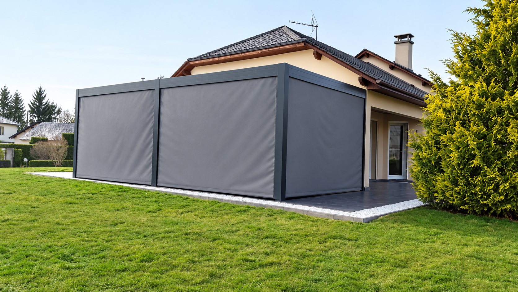 Pergola bioclimatique grise avec stores verticaux fermés contre une maison